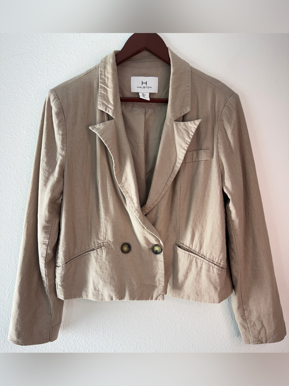 Halston Tan Linen Blend Cropped Blazer Double Breasted Office Minimalist Large